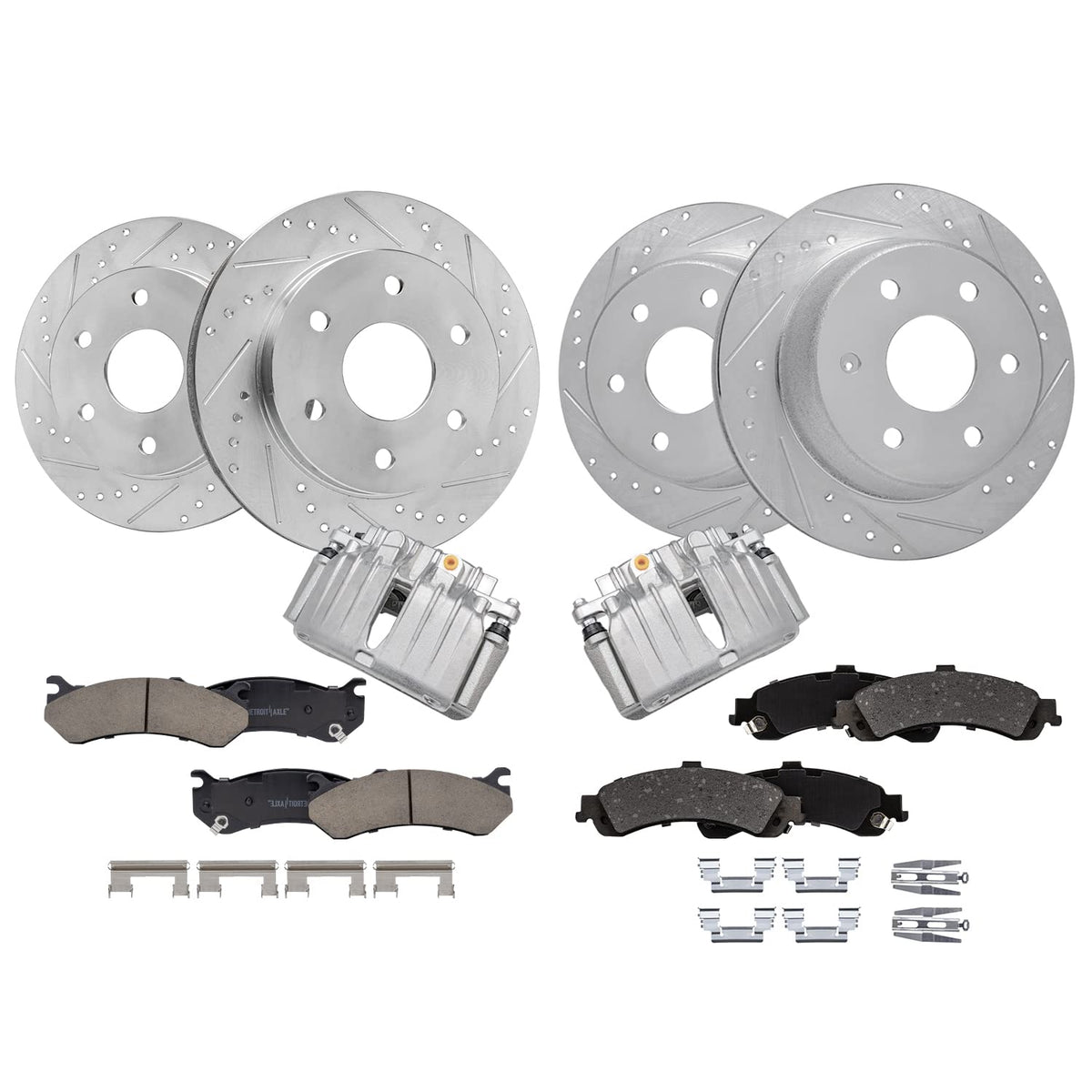 Detroit Axle - Front & Rear Drilled Rotors Brake Pads + Rear Brake Calipers Replacement for Silverado Sierra 1500 Yukon XL 1500