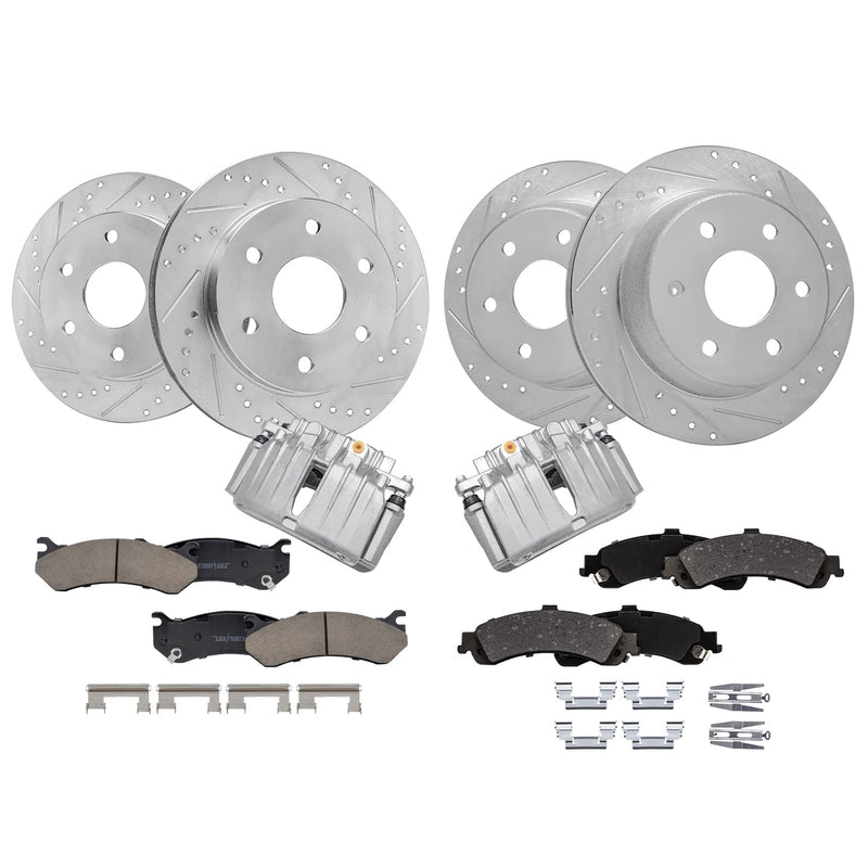 Detroit Axle - Front & Rear Drilled Rotors Brake Pads + Rear Brake Calipers Replacement for Silverado Sierra 1500 Yukon XL 1500