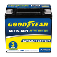 Goodyear AUX14-AGM BCI Group Size 400 12V 14 AH, 22RC, 200 CCA Platinum series Rechargeable AGM Maintenance Free Auxiliary Batte