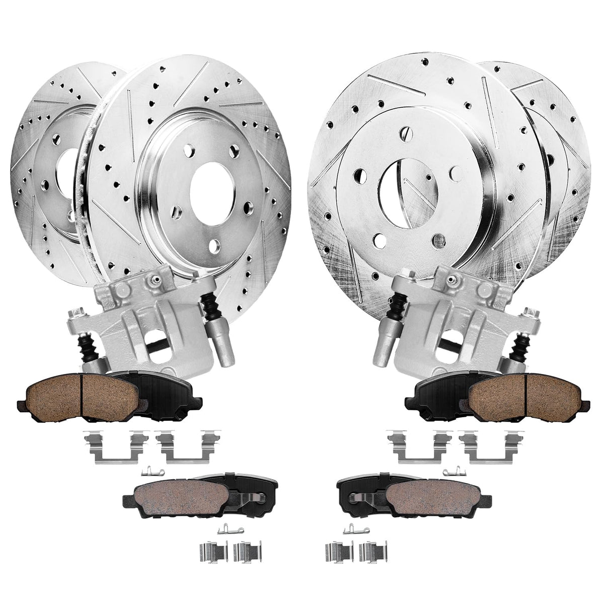 Detroit Axle - Front and Rear Drilled Rotors Brake Pads Calipers w/Bracket Replacement for Chrysler 200 Sebring Dodge Avenger Ca