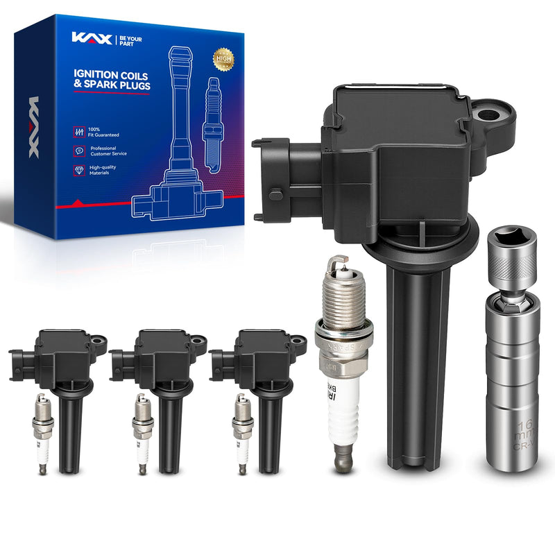 KAX OEM Performance Set of 4 UF526 Ignition Coil Pack & Iridium Spark Plugs w/Magnetic Socket for Saab 9-3 2006-2009 2.0T 9-3 20