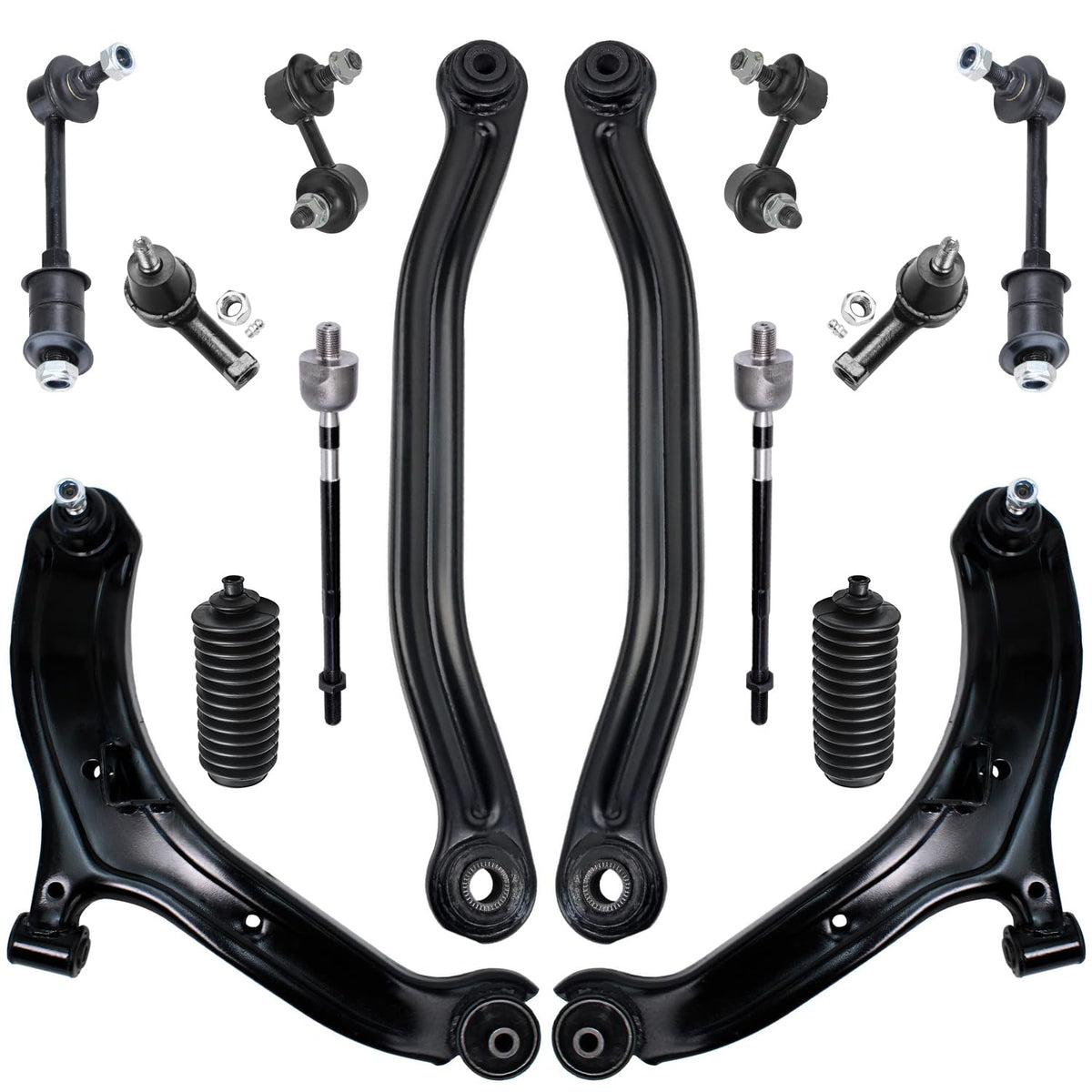 Detroit Axle - 14PC Front and Rear Lower Control Arms w/Sway Bars, Inner Outer Tie Rods and Rack Boots Replacement for 2000 2001