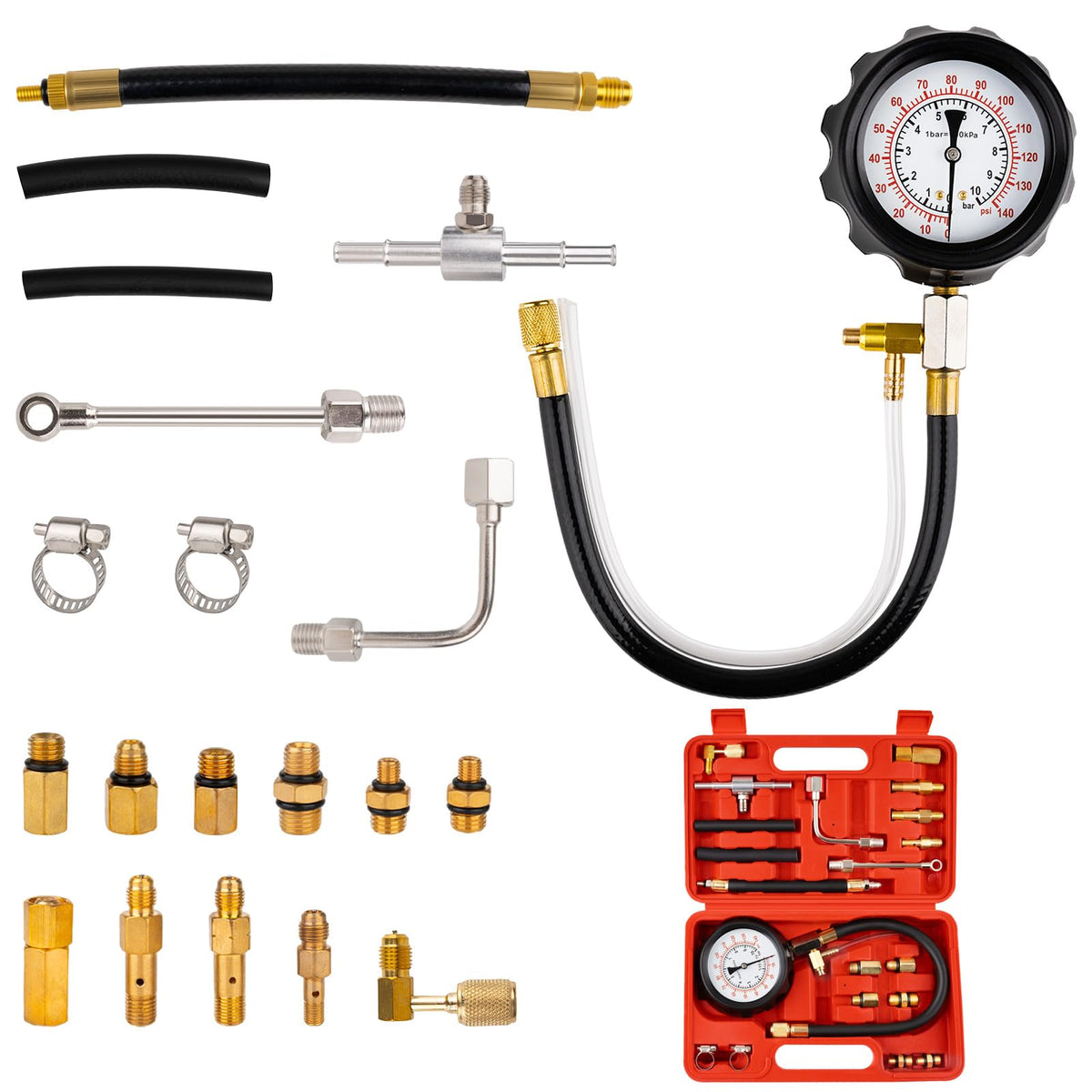 0-140PSI Fuel Pressure Tester Kit, Fuel Injector Injection Pump Pressure Gauge, Fuel Pump Pressure Tester Diagnostic Tool for Ga