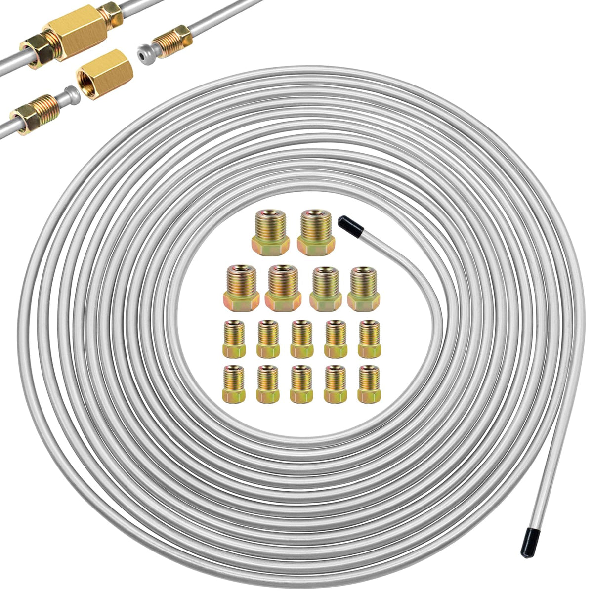 Eoppen 3/16inch x 25 ft Brake Line Tubing Kit Flexible Zinc Coated Alloy Brake Line Tubing Coil with 16 Inverted Flare Fittings