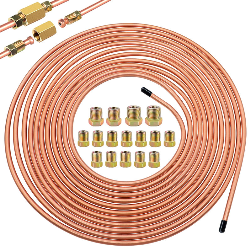 Eoppen 1/4Inch x 25 ft Brake Line Tubing Kit Flexible Copper Coated Alloy Brake Line Tubing Coil with 16 Inverted Flare Fittings
